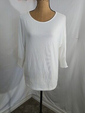 Women’s White Smocked-Cuff Long Sleeve Tee